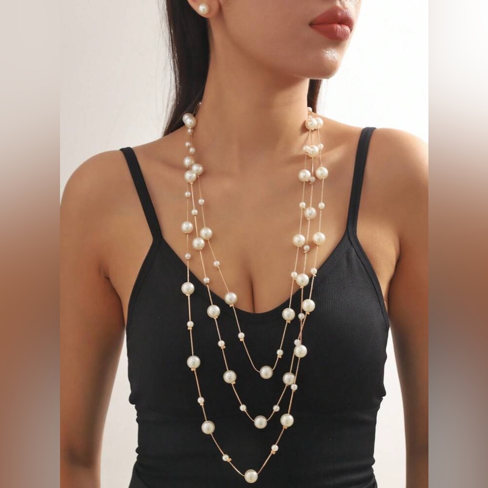 Multi-strand Faux‎ Pearl Necklace and Earring Set